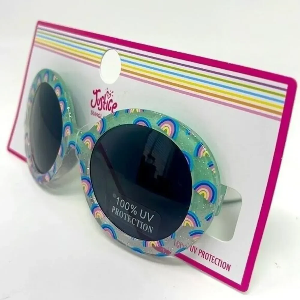Justice Sunglasses Girls Green Sparkle Rainbow Round Tinted 100% UV Protection